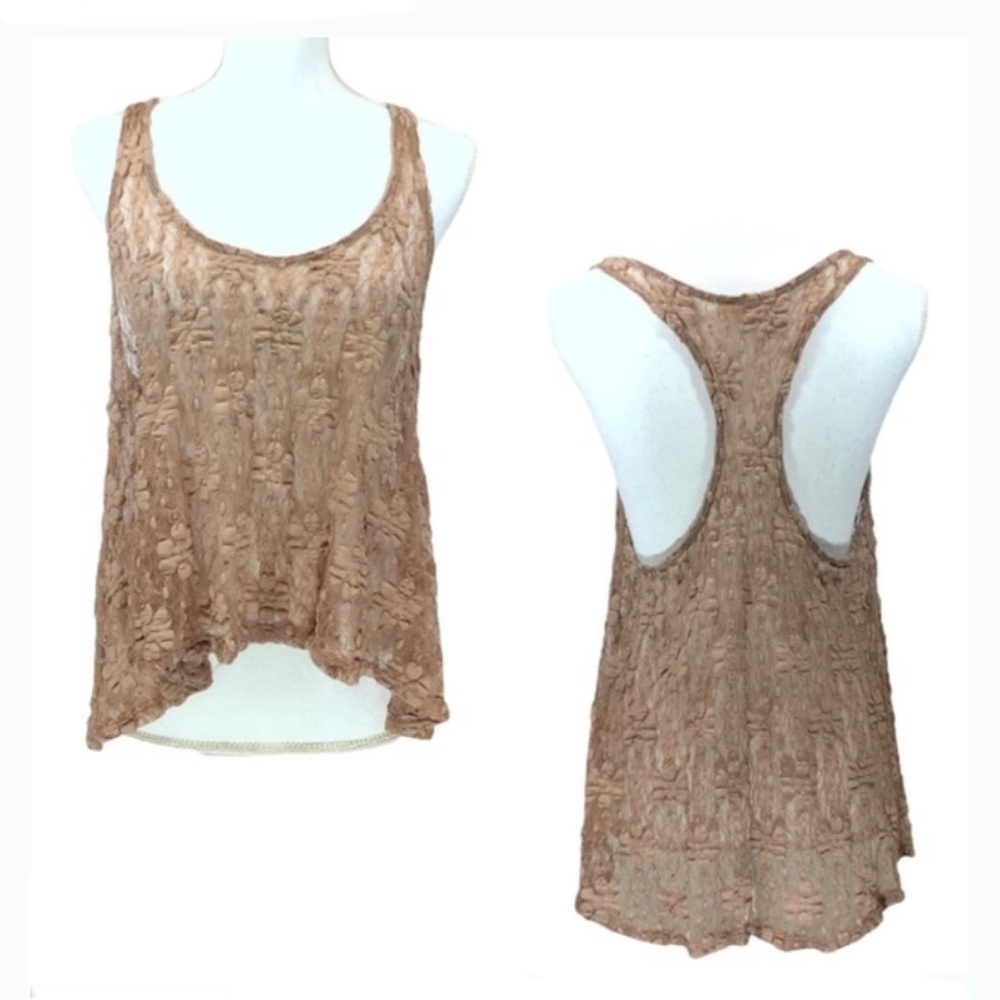 Crystal K Boho Lace Racerback Tank Champagne Taupe Med.